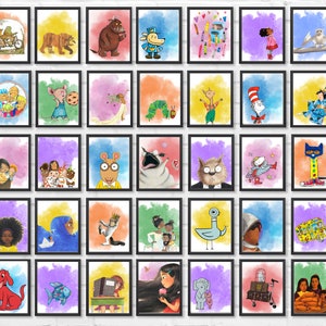 May include: A collage of 36 framed illustrations of children's book characters, including The Very Hungry Caterpillar, Where the Wild Things Are, The Cat in the Hat, and more. The illustrations are painted in watercolor and feature a variety of colors and styles.