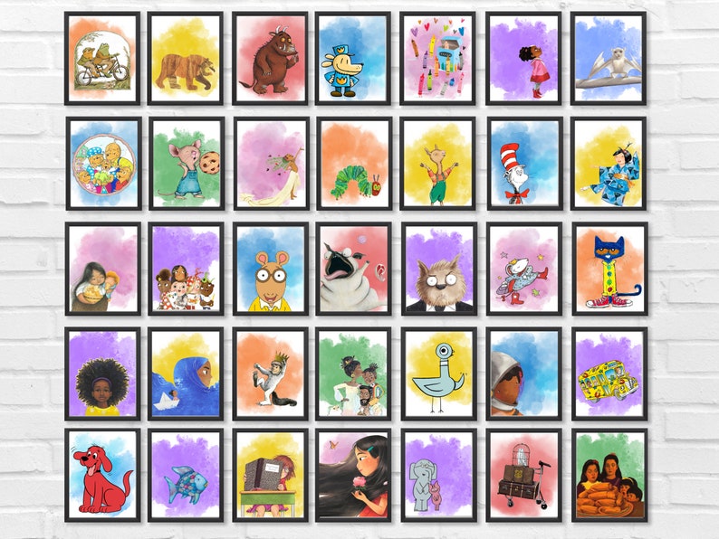 May include: A collage of 36 framed illustrations of children's book characters, including The Very Hungry Caterpillar, Where the Wild Things Are, The Cat in the Hat, and more. The illustrations are painted in watercolor and feature a variety of colors and styles.
