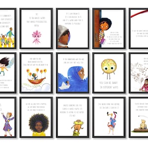 May include: A set of 12 printable posters with colorful illustrations and inspirational quotes for children. The posters feature a variety of themes, including diversity, kindness, creativity, and self-acceptance. The quotes are printed in a simple, easy-to-read font.