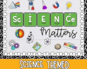May include: A science-themed bulletin board set with various science-related illustrations, including a prism, a pulley, a flask, a magnet, a lightbulb, and the word "SCIENCE" in periodic table style. The text "Science Matters" and "Bulletin Board Set" are also included.