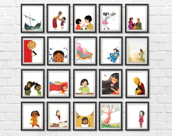Asian Elementary Character Gallery Wall Poster Bundle, Classroom and Library Decor, Instant Download