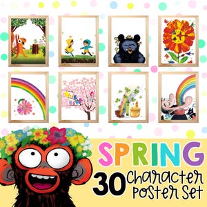 以下が含まれることがあります： 春をテーマにした30枚のキャラクターポスターのセット。ポスターには、動物、虹、花、遊んでいる子供たちのカラフルなイラストが描かれています。「SPRING」の文字が大きくカラフルに書かれており、セットは額装されています。