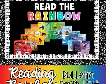May include: A black bulletin board with the text "READ THE RAINBOW" in colorful letters. The board displays a collection of children's books. The words "Reading Rainbow Bulletin Board Set" are at the bottom, with a rainbow gradient.