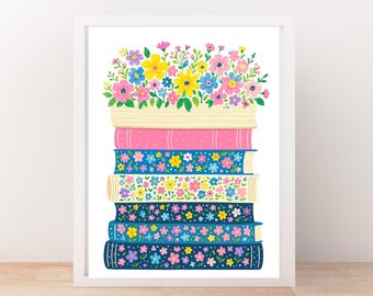 Floral Book Stack Art Print: Botanical Library Decor (Digital Download)