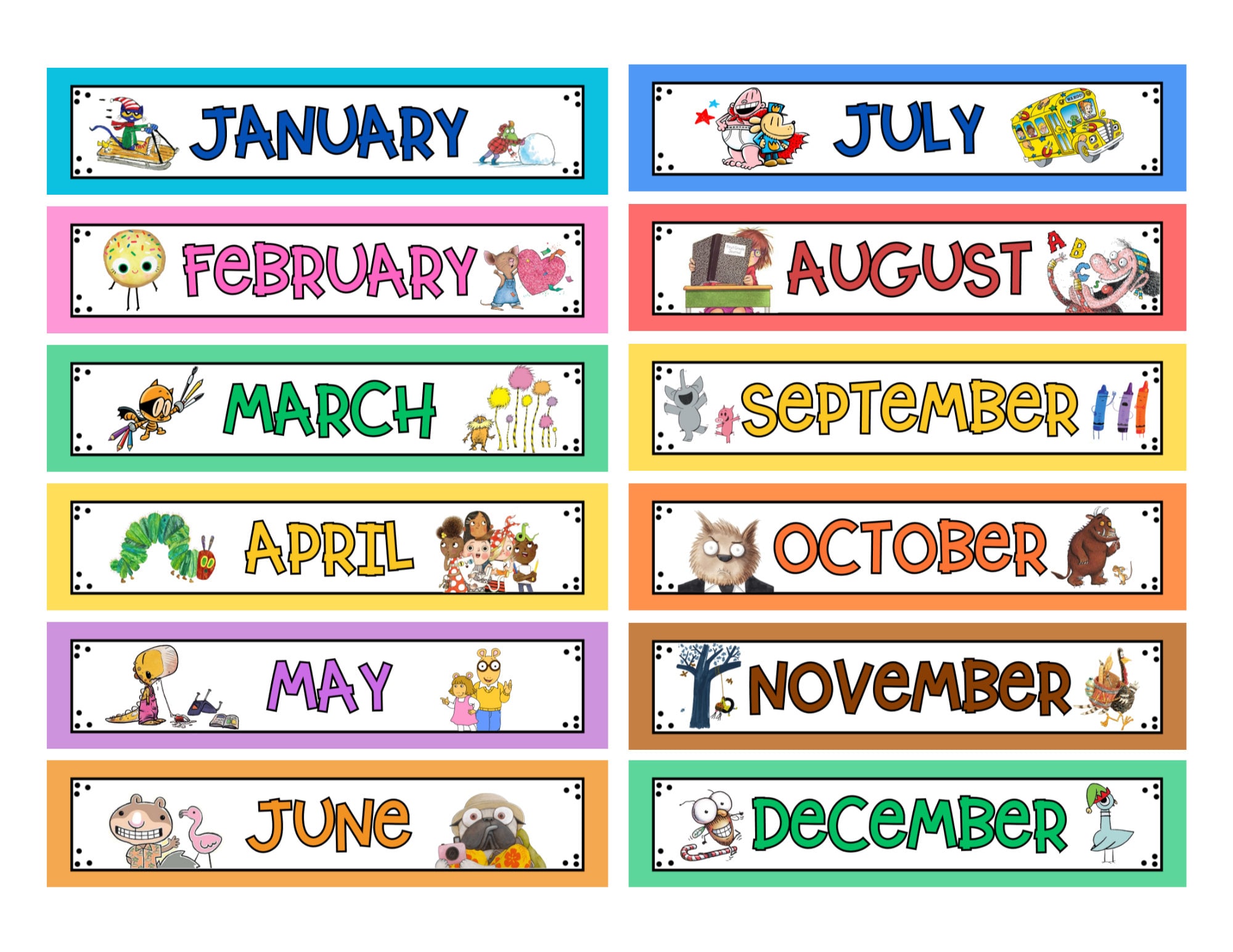 Children's Book Character Calendar Headings, Character Themes, Elementary  Classroom Décor, Monthly Calendar Headings - Etsy