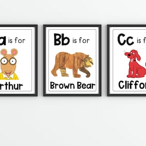 Affiches imprimables de l'alphabet avec des personnages de livres pour enfants, décoration de salle de classe et de bibliothèque, téléchargement immédiat
