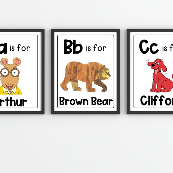 Printable Children's Book Character Alphabet Posters, Classroom and Library Decor, Instant Download