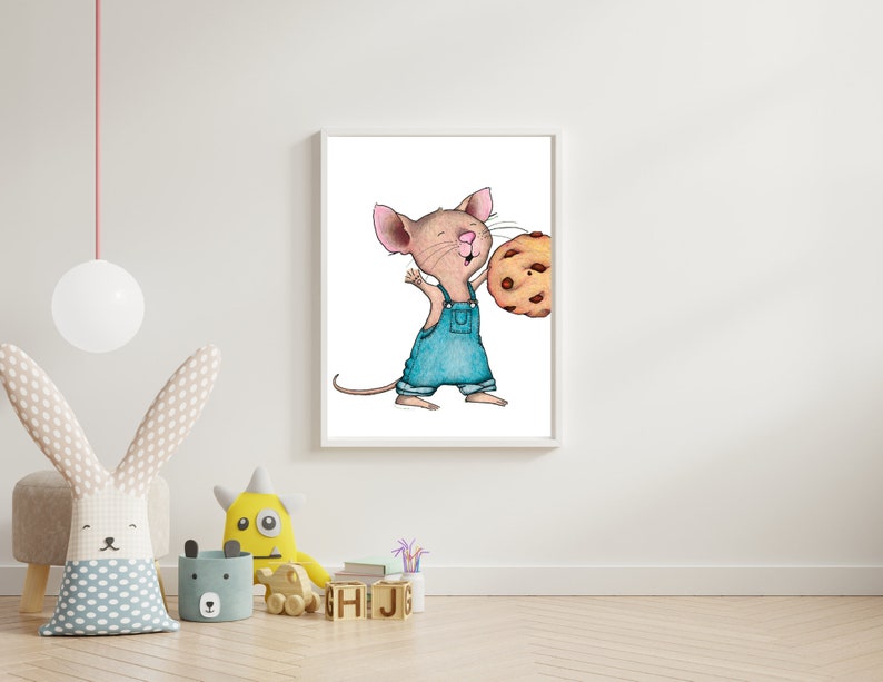 May include: A cartoon illustration of a brown mouse wearing blue overalls and holding a large chocolate chip cookie. The mouse is smiling and has a pink nose.