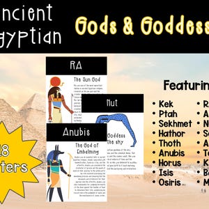 May include: A set of 18 colorful posters featuring illustrations of ancient Egyptian gods and goddesses. The posters include text about each deity, such as "The Sun God" and "Goddess of the Sky".