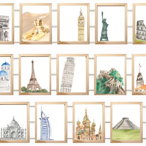 Set of 14 World Wonders Art Prints, Travel Gallery Set, Wall Art, Room Decor, Printable Wall Art, Classroom Decor, Classroom Posters