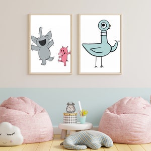 May include: Two framed illustrations of cartoon animals. The first illustration shows a grey elephant and a pink pig dancing. The second illustration shows a blue bird with a large eye.