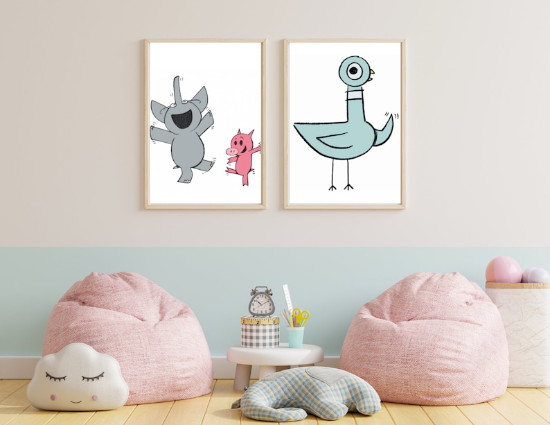 May include: Two framed illustrations of cartoon animals. The first illustration shows a grey elephant and a pink pig dancing. The second illustration shows a blue bird with a large eye.