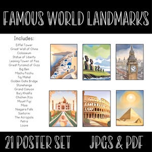 World Landmarks Wall Art Set - 21 Famous Landmarks Posters - Travel-Inspired Decor - Global Iconic Landmarks Prints
