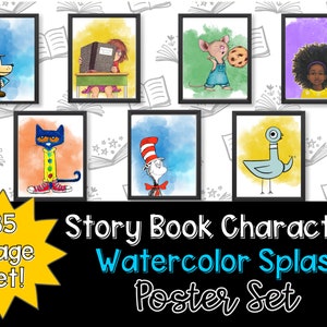 Kinderbuch Charaktere als Poster, zum selbst ausdrucken, AQUARELL HINTERGRUND Klassenzimmer und Bibliothek Dekor, Sofort Download