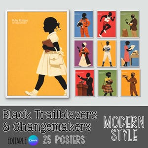 Peut inclure: Ensemble de 25 affiches de style moderne mettant en vedette des pionniers et des acteurs du changement noirs. Les affiches présentent diverses personnalités, dont Ruby Bridges, un astronaute et des athlètes. La palette de couleurs comprend l'orange, le rouge et le vert.