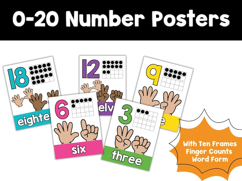 K&ouml;nnte beinhalten: Farbige Zahlenposter zum Lernen des Z&auml;hlens von 0 bis 20 f&uuml;r Kinder. Jedes Poster zeigt eine Zahl, die Wortform, einen Zehnerrahmen und Fingerz&auml;hlbilder.