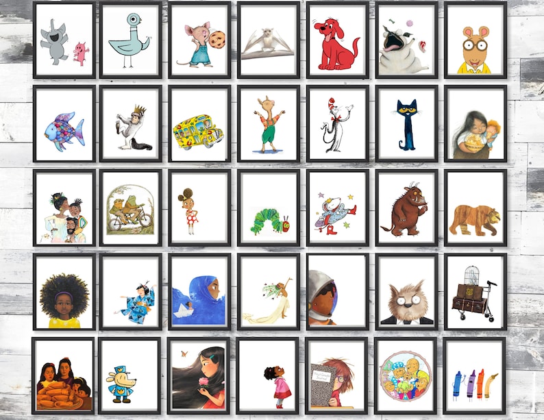 May include: A collage of 36 framed illustrations featuring various children's book characters, including a blue bird, a caterpillar, a cat, a dog, a frog, a monster, a tiger, and a bus. The illustrations are in a variety of styles and colours.