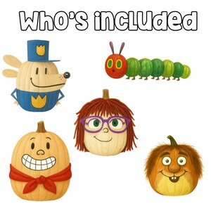 May include: Illustration featuring the text "Who's included" above five cartoon characters. The characters include a dog in a police uniform, a caterpillar, a pumpkin with glasses, and two other pumpkin-shaped characters.