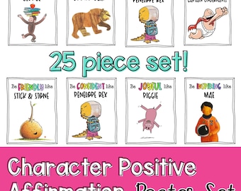 May include: A 25-piece set of character affirmation posters. Each poster features a different character with a positive affirmation, such as "Be Curious like George" and "Be Confident like Penelope Rex." The set includes a variety of colorful illustrations.