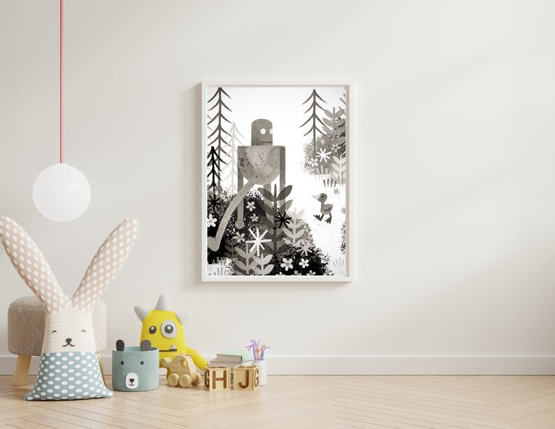 Op de afbeelding: Zwart-witte illustratie van een robot en een vogel in een boslandschap. De robot is groot en heeft een rond hoofd. De vogel is klein en heeft een lange snavel. Het bos is vol met bomen en bloemen.