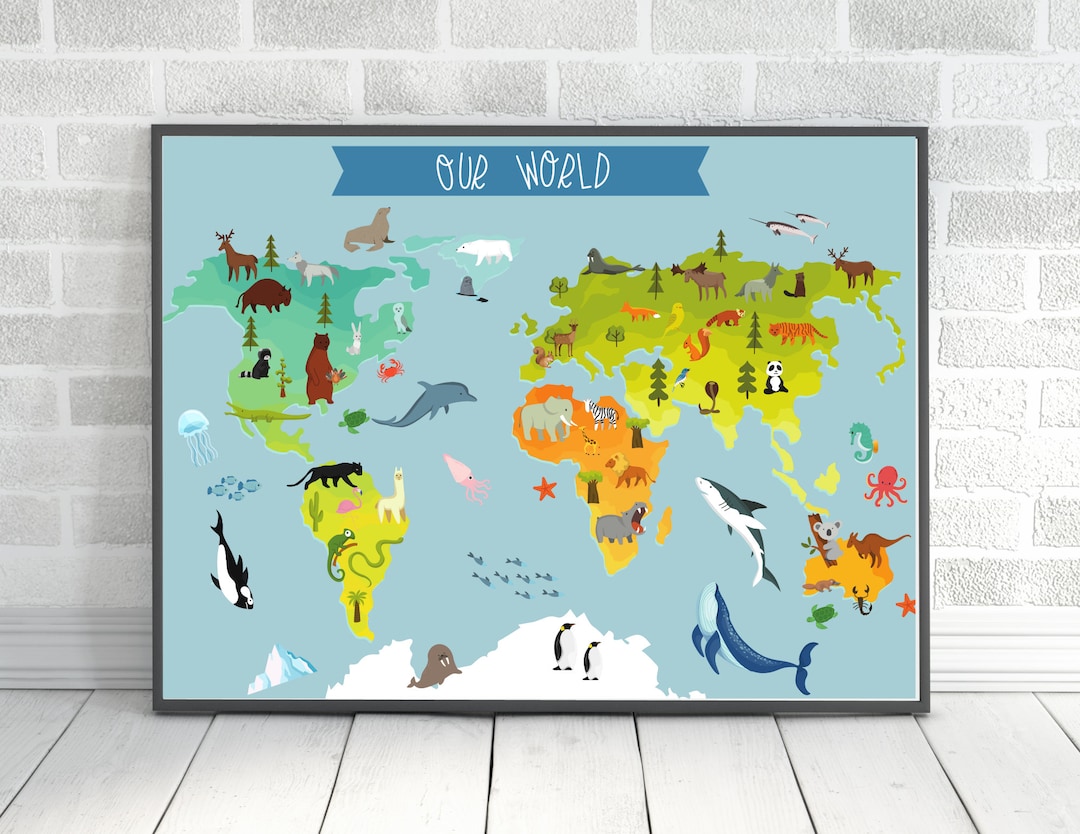 Animal World Map Print: Kids Room Decor (digital Download) - Etsy