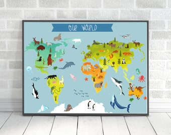 Animal World Map Print: Kids Room Decor (Digital Download)