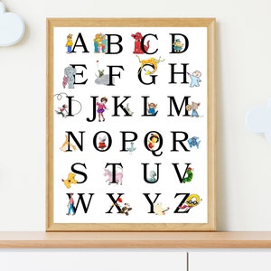 Póster del alfabeto: personajes de libros infantiles, decoración infantil, arte mural educativo