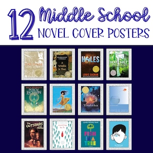 Puede incluir: Un conjunto de 12 carteles de portadas de novelas de escuela secundaria. Los carteles presentan portadas de libros como "The Giver", "Holes" y "Bridge to Terabithia". El título "12 Middle School Novel Cover Posters" se muestra en la parte superior.