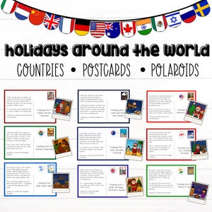 Può includere: Uno striscione colorato di bandiere internazionali sovrasta un'esposizione di cartoline e polaroid. Il testo recita "Holidays Around the World". Le cartoline presentano auguri di festa da vari paesi, tra cui Germania, Italia e Stati Uniti. Le polaroid mostrano scene festive.