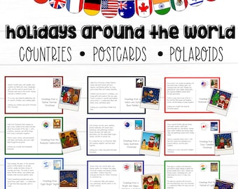 May include: A colorful banner of international flags tops a display of postcards and polaroids. The text reads "Holidays Around the World." The postcards feature holiday greetings from various countries, including Germany, Italy, and the USA. The polaroids show festive scenes.