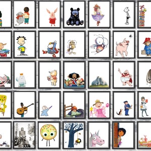 Conjunto de 2 pósteres de pared imprimibles con personajes de libros infantiles, decoración para aulas y bibliotecas, descarga instantánea.