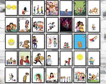 Puede incluir: Un collage de 25 ilustraciones enmarcadas que presentan varios personajes y escenas. Las ilustraciones son de estilo de dibujos animados y representan una variedad de temas, que incluyen la amistad, la aventura y la vida cotidiana.