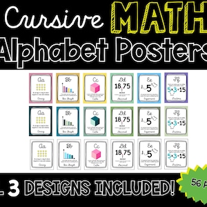 Pósteres del alfabeto matemático cursivo, 3.º a 5.º grado, arte mural educativo, decoración del aula, recursos de aprendizaje