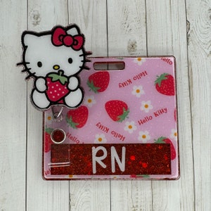 Strawberry Kitty Badge Reel Set | Badge Reel and Badge Buddy | Retractable Badge Reel