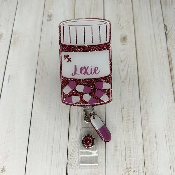 Personalized Pill Bottle Badge Reel With Pill Charm | Pharmacist Retractable Badge Reel | Custom Name Badge Reel