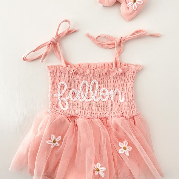 Personalized Baby Birthday Tutu Romper / Hand-embroidered Custom name bubble romper