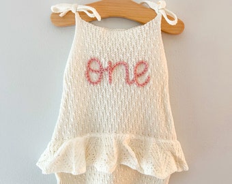 Personalized Baby Birthday Knit Romper / Hand-embroidered Custom name sweater romper