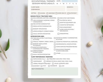 May include: Occupational Therapy Session Notes (Adult) form. The white paper has checkboxes for various treatment areas and interventions. The form includes sections for client information, session focus, interventions, and client performance. The background is a light beige with scattered decorative elements.