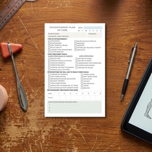 May include: A physiotherapy plan of care form with checkboxes and sections for patient information, treatment goals, and interventions. A reflex hammer, pen, and tablet are also visible.