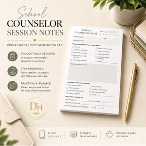 May include: A white paper notepad titled School Counselor Session Notes with sections for student name, date, session purpose, summary, strategies, and follow-up tasks. The pad is A5 size, 5.5 inches by 8.5 inches, containing 50 sheets of premium paper.