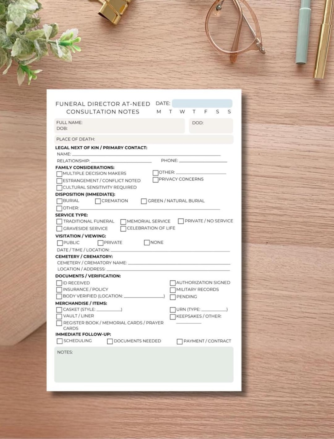 Funeral Director Consultation Notes | At-need + Pre-need | 5.5x8.5 ...