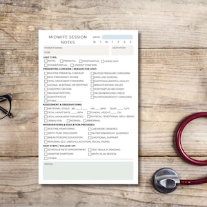 May include: A midwife session notes sheet with checkboxes for visit type, presenting concerns, and assessment observations. A red stethoscope and black glasses rest on a wooden surface.