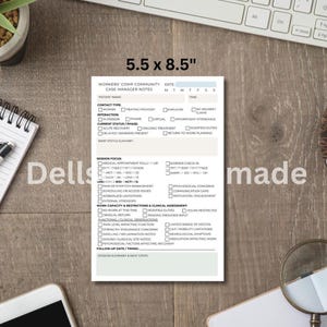 May include: A white 5.5 x 8.5 inch notepad with a Workers' Comp Community Case Manager Notes form printed on it. The form includes sections for patient information, contact type, and session focus.
