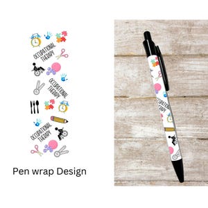 May include: A white pen with a black cap and a colorful design featuring occupational therapy symbols, including a wheelchair, scissors, a clock, and a pencil. The text "Occupational Therapy" is repeated on the pen.