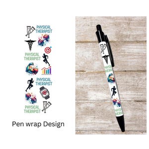 May include: A white pen with a black cap and a design featuring various physical therapy symbols, including a stethoscope, a dumbbell, a target, a running figure, a heart rate monitor, and crutches. The text "PHYSICAL THERAPIST" is repeated on the pen.