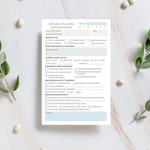 May include: A white Return-to-Work Session Notes form with text fields for employee information, session type, injury description, and work status. The form includes checkboxes for various assessments and interventions. The form is surrounded by decorative elements.