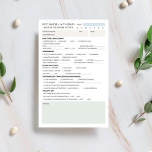 May include: A white PICC Nurse / IV Therapy Nurse Session Notes form with a light green header and footer. The form includes sections for patient information, line type, assessment, flush, and follow-up details. Greenery and small white objects surround the form.
