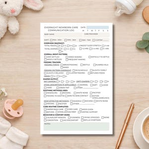 May include: A white rectangular overnight newborn care communication log printed with black text and checkboxes. The form includes sections for baby name, care provider, feeding tracker, diaper output, soothing methods, and behaviour comfort signs.