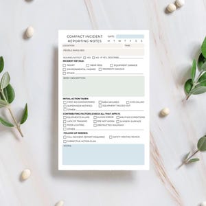 May include: A white and light blue compact incident reporting notes form. The form includes sections for incident details, initial action taken, contributing factors, and follow-up needed. The text "Compact Incident Reporting Notes" is at the top.
