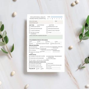 May include: A white Occupational Health Nurse Notes (Hospital) form with green accents, surrounded by decorative elements. The form includes sections for employee information, visit details, vitals, services, work status, and instructions.